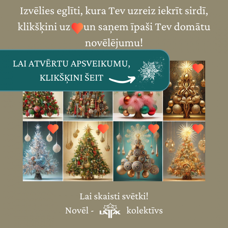 8 dažāds eglītes, no kurām ir jāizvēlas viena, lai noskaidrotu unikālu novēlējumu Ziemassvētkos un Jaunaja 2025.gadā